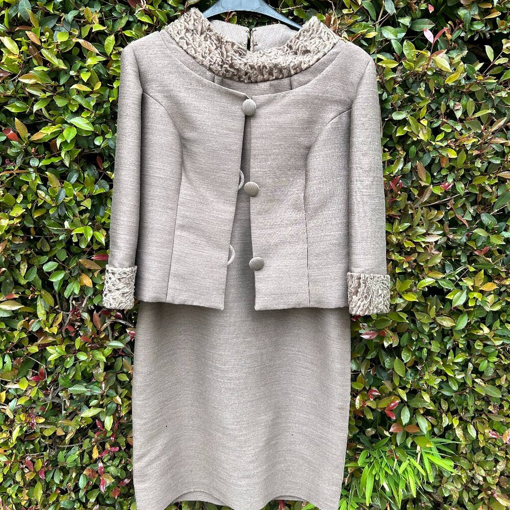 Vintage Grey Wool Two-Piece Dress and Jacket Set